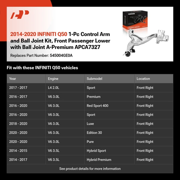2014-2020 INFINITI Q50 1-Pc Control Arm and Ball Joint Kit, Front Passenger Lower with Ball Joint A-Premium APCA7327