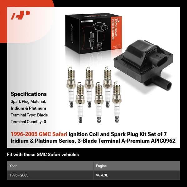 1996-2005 GMC Safari Ignition Coil and Spark Plug Kit Set of 7 Iridium & Platinum Series, 3-Blade Terminal A-Premium APIC0962