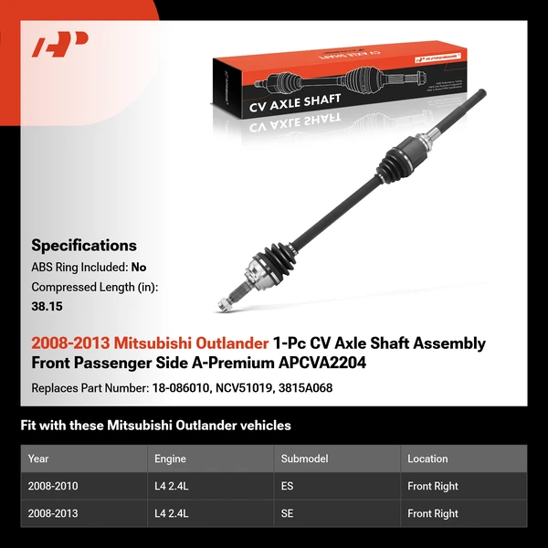 2008-2013 Mitsubishi Outlander 1-Pc CV Axle Shaft Assembly Front Passenger Side A-Premium APCVA2204