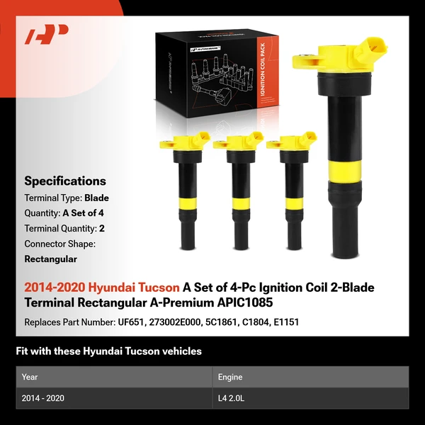 2014-2020 Hyundai Tucson A Set of 4-Pc Ignition Coil 2-Blade Terminal Rectangular A-Premium APIC1085