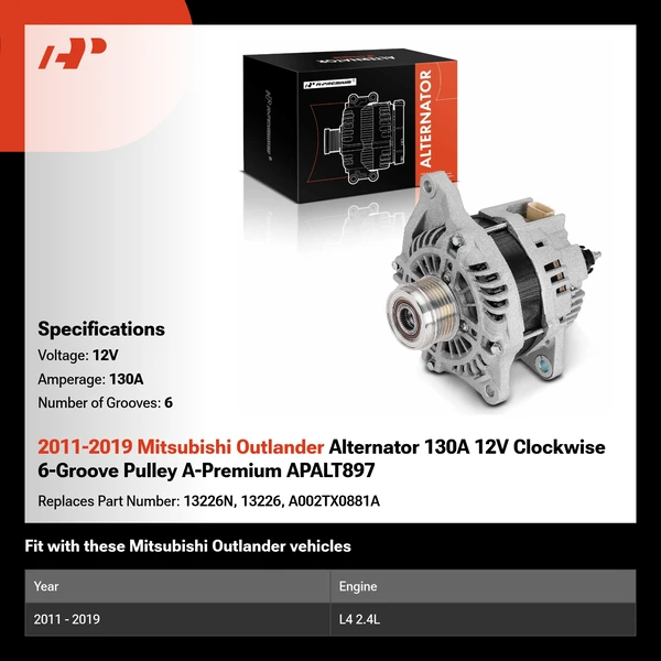 2011-2019 Mitsubishi Outlander Alternator 130A 12V Clockwise 6-Groove Pulley A-Premium APALT897