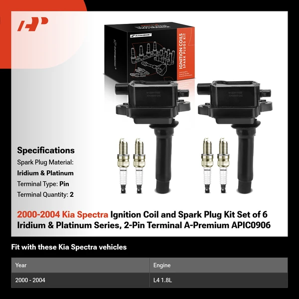 2000-2004 Kia Spectra Ignition Coil and Spark Plug Kit Set of 6 Iridium & Platinum Series, 2-Pin Terminal A-Premium APIC0906