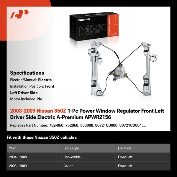 2003-2009 Nissan 350Z 1-Pc Power Window Regulator Front Left Driver Side Electric A-Premium APWR2156