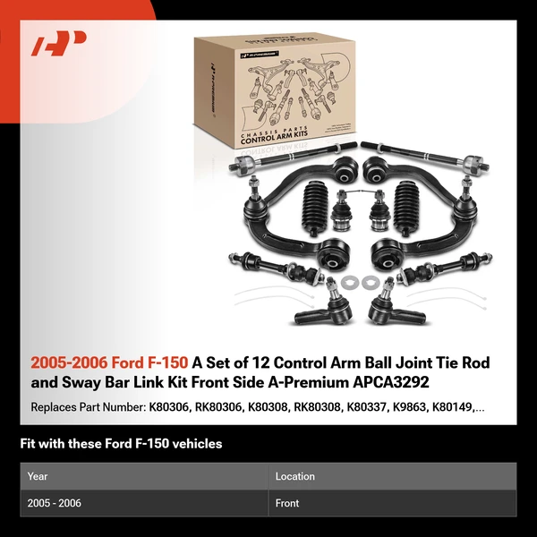 2005-2006 Ford F-150 A Set of 12 Control Arm Ball Joint Tie Rod and Sway Bar Link Kit Front Side A-Premium APCA3292