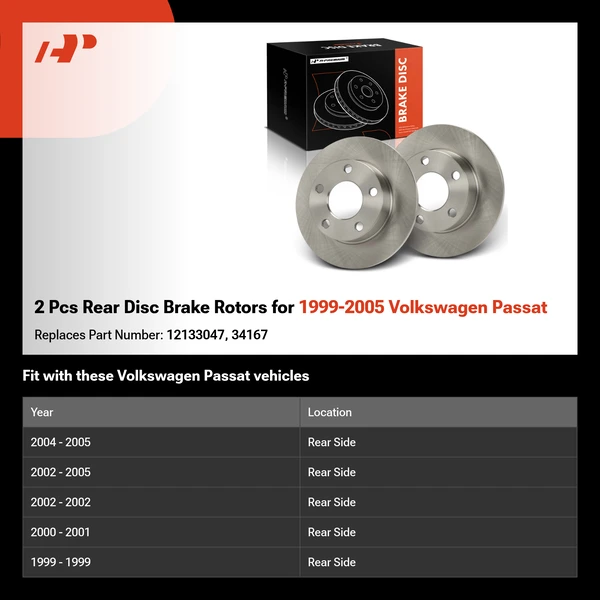 2 Pcs Rear Disc Brake Rotors for 1999-2005 Volkswagen Passat