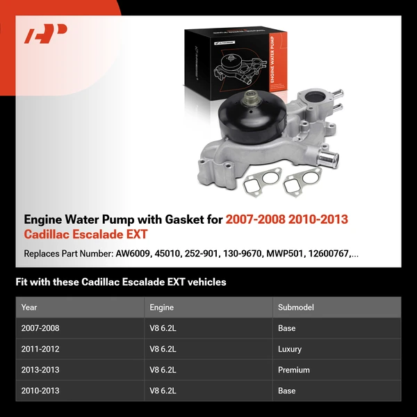 Engine Water Pump with Gasket for 2007-2008 2010-2013 Cadillac Escalade EXT