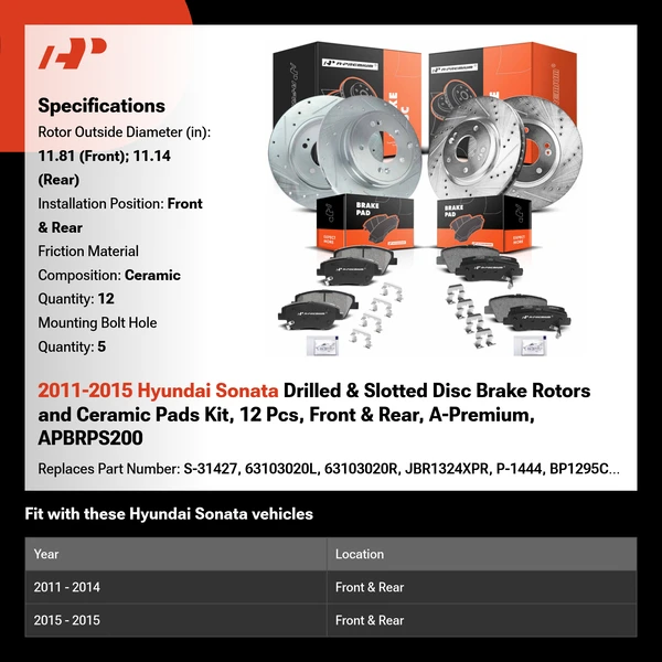 2011-2015 Hyundai Sonata Drilled & Slotted Disc Brake Rotors and Ceramic Pads Kit, 12 Pcs, Front & Rear, A-Premium, APBRPS200