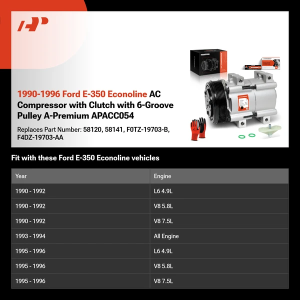 1990-1996 Ford E-350 Econoline AC Compressor with Clutch with 6-Groove Pulley A-Premium APACC054