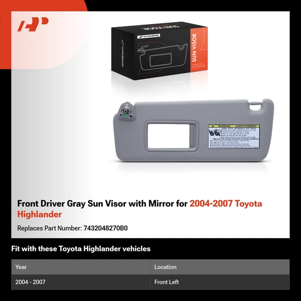 Front Driver Gray Sun Visor with Mirror for 2004-2007 Toyota Highlander