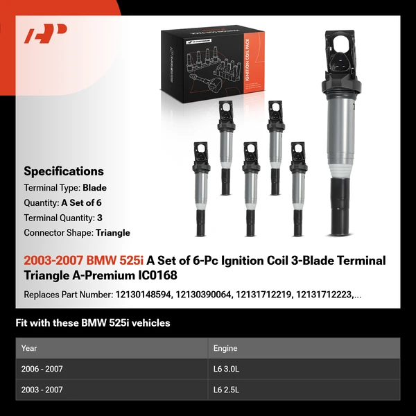 2003-2007 BMW 525i A Set of 6-Pc Ignition Coil 3-Blade Terminal Triangle A-Premium IC0168