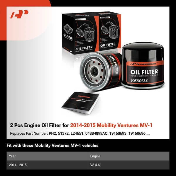 2 Pcs Engine Oil Filter for 2014-2015 Mobility Ventures MV-1