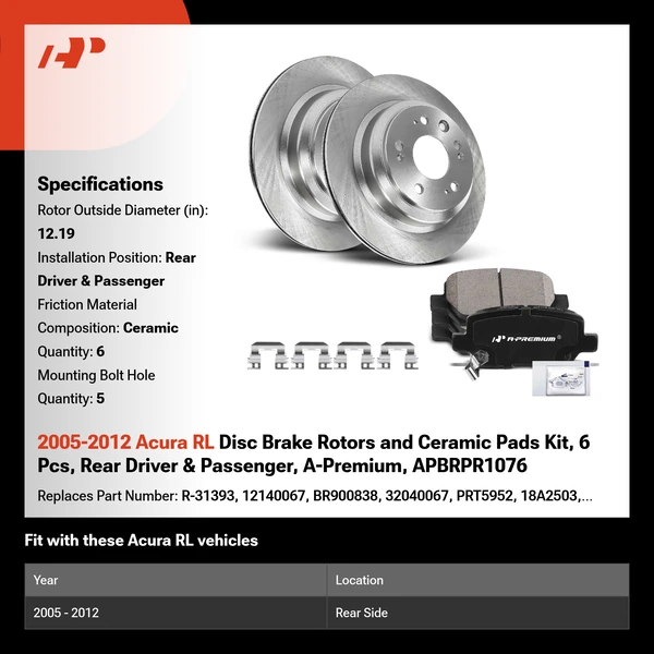 2005-2012 Acura RL Disc Brake Rotors and Ceramic Pads Kit, 6 Pcs, Rear Driver & Passenger, A-Premium, APBRPR1076