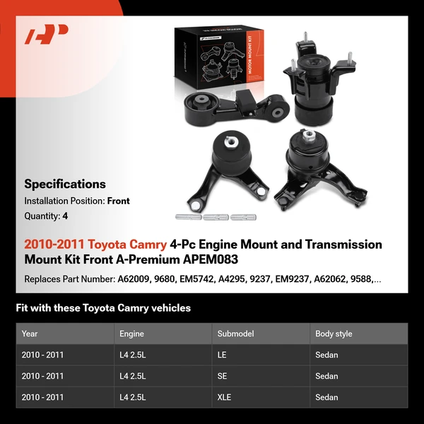 2010-2011 Toyota Camry 4-Pc Engine Mount and Transmission Mount Kit Front A-Premium APEM083