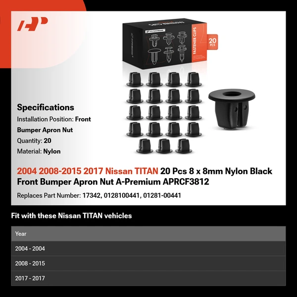 2004 2008-2015 2017 Nissan TITAN 20 Pcs 8 x 8mm Nylon Black Front Bumper Apron Nut A-Premium APRCF3812