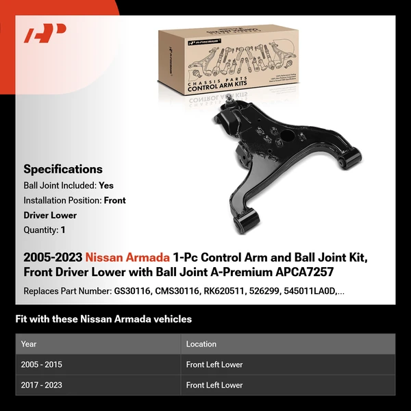 2005-2023 Nissan Armada 1-Pc Control Arm and Ball Joint Kit, Front Driver Lower with Ball Joint A-Premium APCA7257