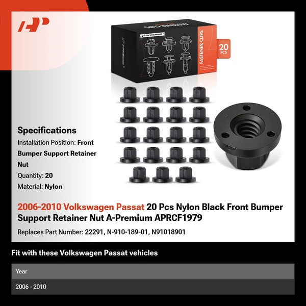2006-2010 Volkswagen Passat 20 Pcs Nylon Black Front Bumper Support Retainer Nut A-Premium APRCF1979