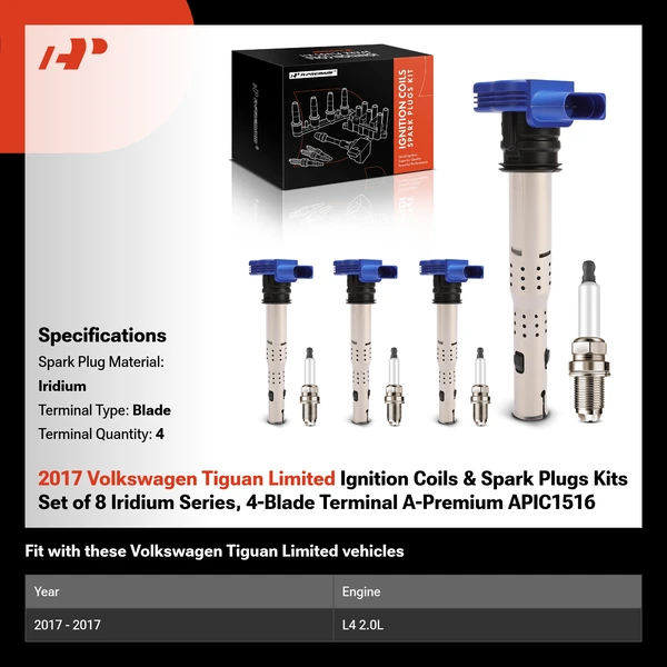 2017 Volkswagen Tiguan Limited Ignition Coils & Spark Plugs Kits Set of 8 Iridium Series, 4-Blade Terminal A-Premium APIC1516