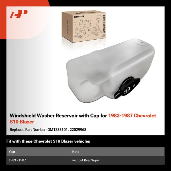 Windshield Washer Reservoir with Cap for 1983-1987 Chevrolet S10 Blazer