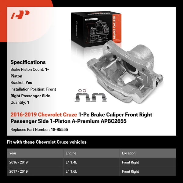 2016-2019 Chevrolet Cruze 1-Pc Brake Caliper Front Right Passenger Side 1-Piston A-Premium APBC2655