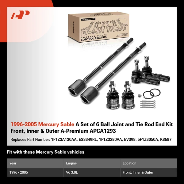 1996-2005 Mercury Sable A Set of 6 Ball Joint and Tie Rod End Kit Front, Inner & Outer A-Premium APCA1293
