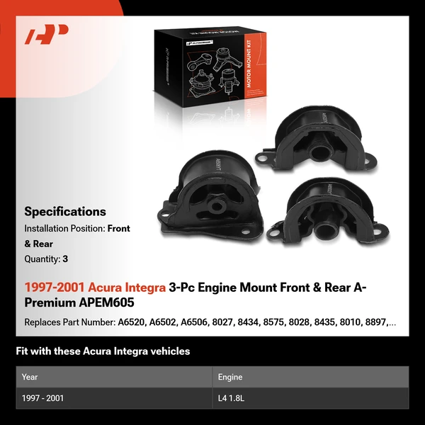 1997-2001 Acura Integra 3-Pc Engine Mount Front & Rear A-Premium APEM605