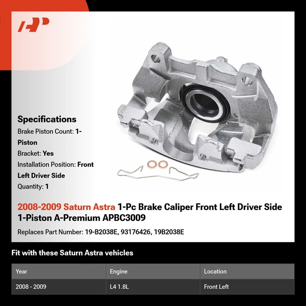 2008-2009 Saturn Astra 1-Pc Brake Caliper Front Left Driver Side 1-Piston A-Premium APBC3009