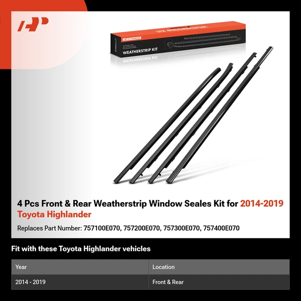 4 Pcs Front & Rear Weatherstrip Window Seales Kit for 2014-2019 Toyota Highlander