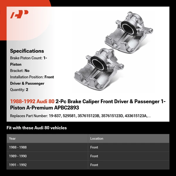 1988-1992 Audi 80 2-Pc Brake Caliper Front Driver & Passenger 1-Piston A-Premium APBC2893