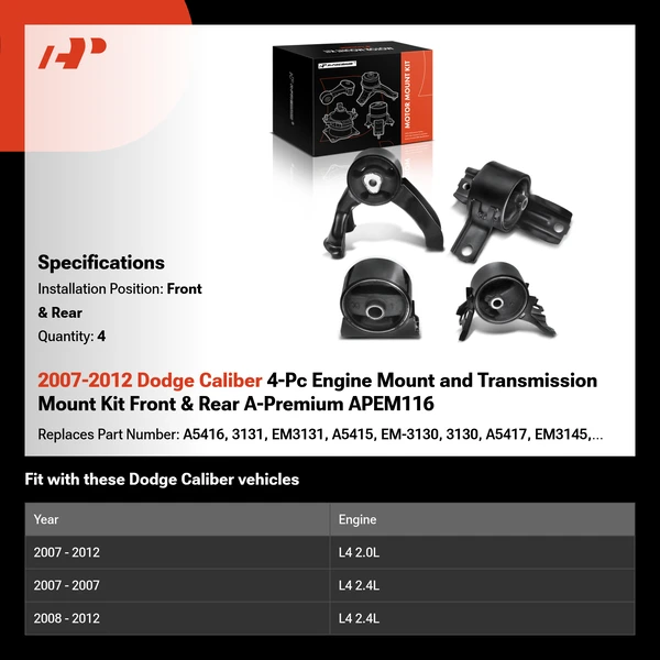 2007-2012 Dodge Caliber 4-Pc Engine Mount and Transmission Mount Kit Front & Rear A-Premium APEM116