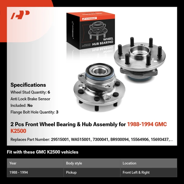 2 Pcs Front Wheel Bearing & Hub Assembly for 1988-1994 GMC K2500