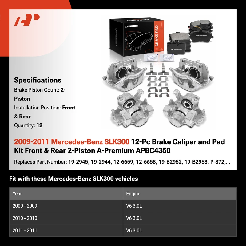 2009-2011 Mercedes-Benz SLK300 12-Pc Brake Caliper and Pad Kit Front & Rear 2-Piston A-Premium APBC4350