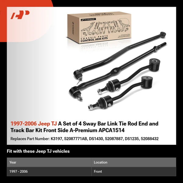 1997-2006 Jeep TJ A Set of 4 Sway Bar Link Tie Rod End and Track Bar Kit Front Side A-Premium APCA1514