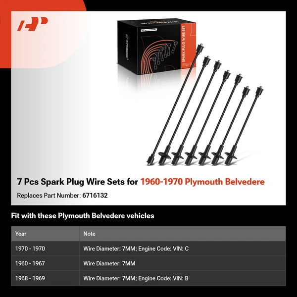 7 Pcs Spark Plug Wire Sets for 1960-1970 Plymouth Belvedere