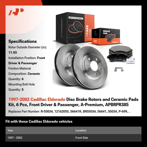 1997-2002 Cadillac Eldorado Disc Brake Rotors and Ceramic Pads Kit, 6 Pcs, Front Driver & Passenger, A-Premium, APBRPR385