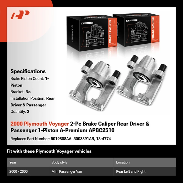 2000 Plymouth Voyager 2-Pc Brake Caliper Rear Driver & Passenger 1-Piston A-Premium APBC2510
