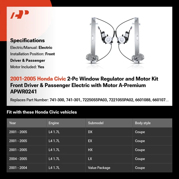 2001-2005 Honda Civic 2-Pc Window Regulator and Motor Kit Front Driver & Passenger Electric with Motor A-Premium APWR0241