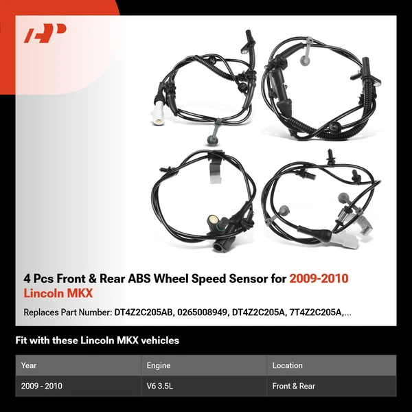 4 Pcs Front & Rear ABS Wheel Speed Sensor for 2009-2010 Lincoln MKX