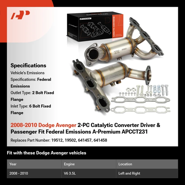 2008-2010 Dodge Avenger 2-PC Catalytic Converter Driver & Passenger Fit Federal Emissions A-Premium APCCT231
