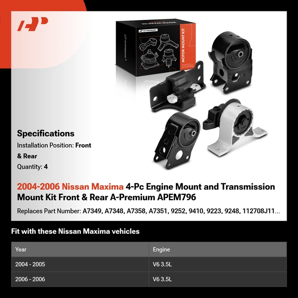 2004-2006 Nissan Maxima 4-Pc Engine Mount and Transmission Mount Kit Front & Rear A-Premium APEM796