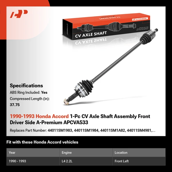 1990-1993 Honda Accord 1-Pc CV Axle Shaft Assembly Front Driver Side A-Premium APCVA533