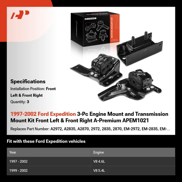 1997-2002 Ford Expedition 3-Pc Engine Mount and Transmission Mount Kit Front Left & Front Right A-Premium APEM1021