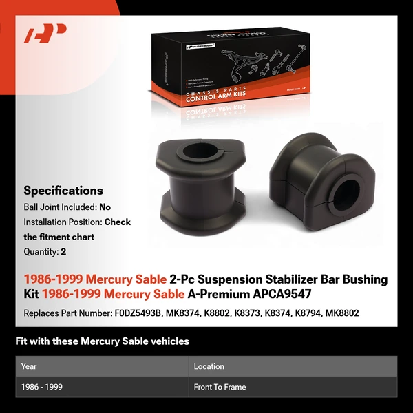 1986-1999 Mercury Sable 2-Pc Suspension Stabilizer Bar Bushing Kit 1986-1999 Mercury Sable A-Premium APCA9547