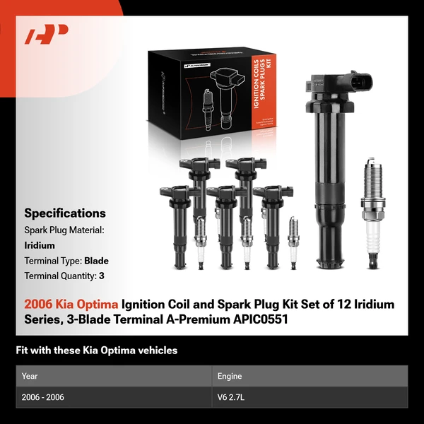 2006 Kia Optima Ignition Coil and Spark Plug Kit Set of 12 Iridium Series, 3-Blade Terminal A-Premium APIC0551