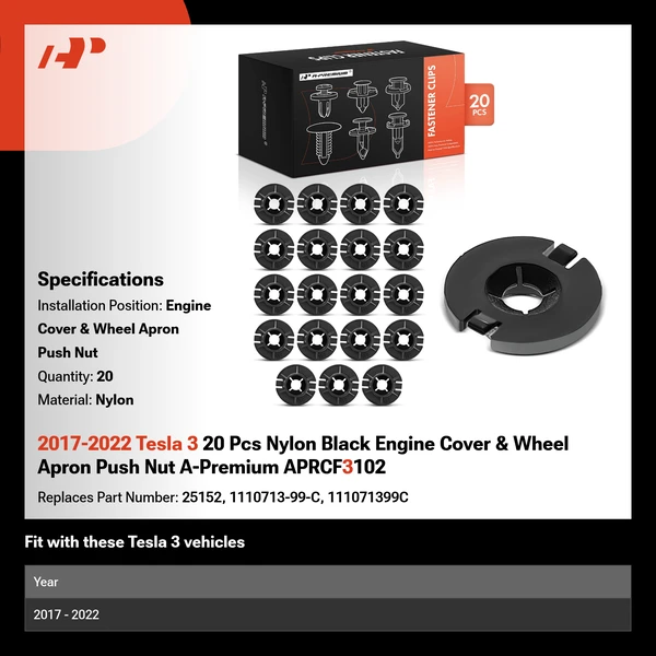 2017-2022 Tesla 3 20 Pcs Nylon Black Engine Cover & Wheel Apron Push Nut A-Premium APRCF3102
