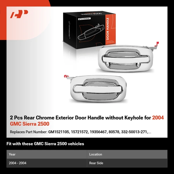 2 Pcs Rear Chrome Exterior Door Handle without Keyhole for 2004 GMC Sierra 2500
