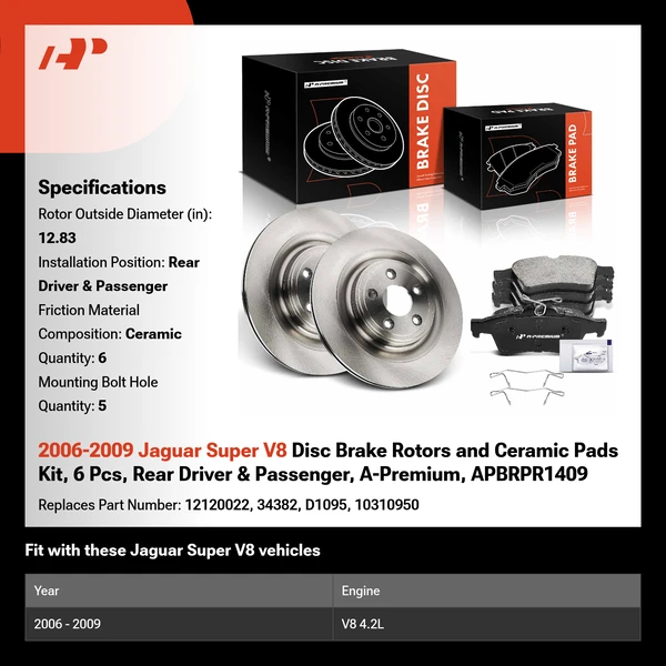 2006-2009 Jaguar Super V8 Disc Brake Rotors and Ceramic Pads Kit, 6 Pcs, Rear Driver & Passenger, A-Premium, APBRPR1409