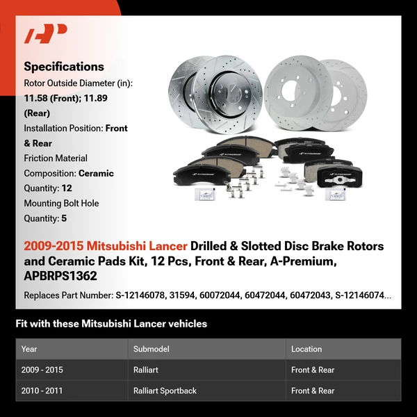 2009-2015 Mitsubishi Lancer Drilled & Slotted Disc Brake Rotors and Ceramic Pads Kit, 12 Pcs, Front & Rear, A-Premium, APBRPS1362