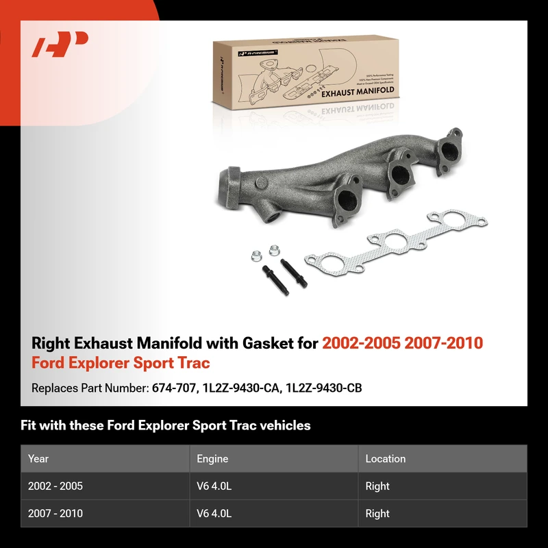 Right Exhaust Manifold with Gasket for 2002-2005 2007-2010 Ford Explorer Sport Trac