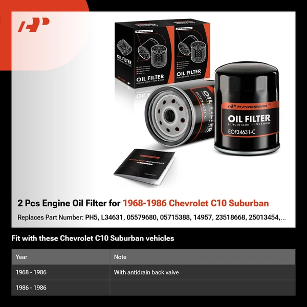 2 Pcs Engine Oil Filter for 1968-1986 Chevrolet C10 Suburban