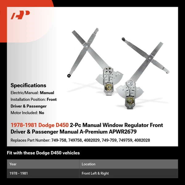 1978-1981 Dodge D450 2-Pc Manual Window Regulator Front Driver & Passenger Manual A-Premium APWR2679